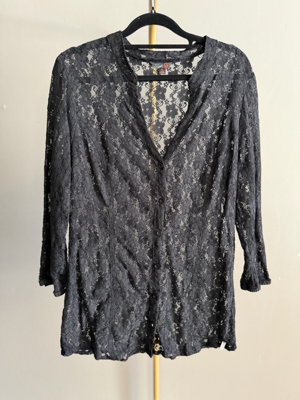 GUESS Lace Button-Up Layering Top Black Sheer Lace Floral Romantic Goth XL